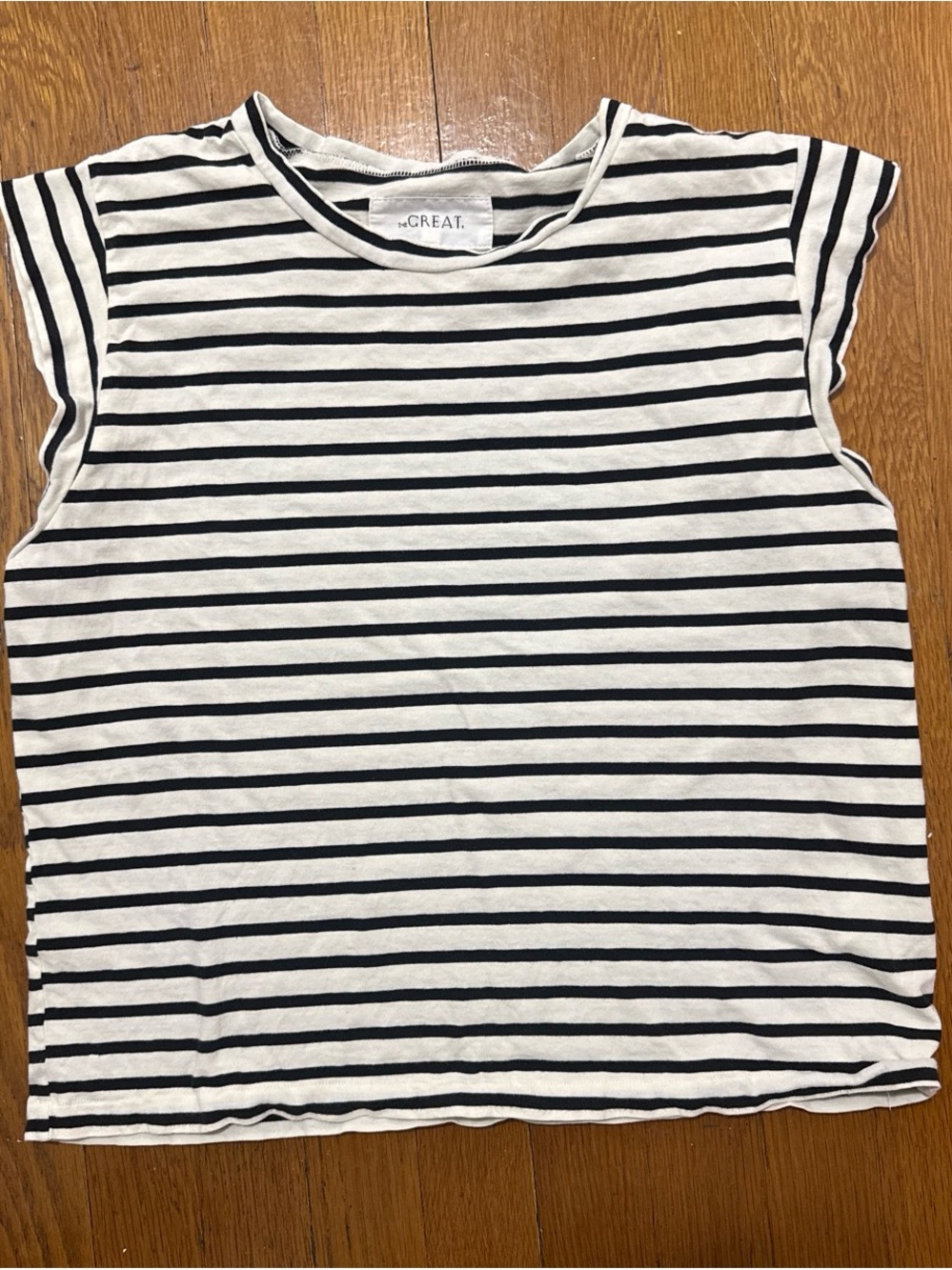 THE GREAT. Black and White Striped Short Sleeve Tee